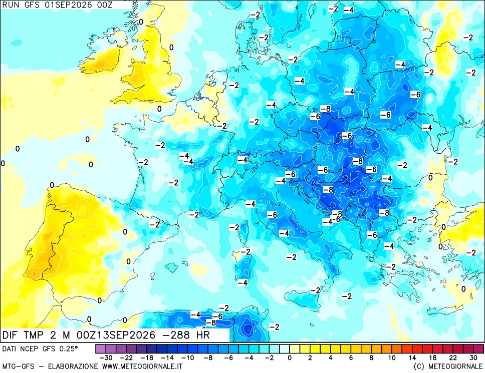 mappa Dif. Temp a 2 metri Valid - Init