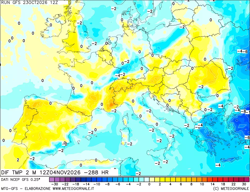 mappa Dif. Temp a 2 metri Valid - Init