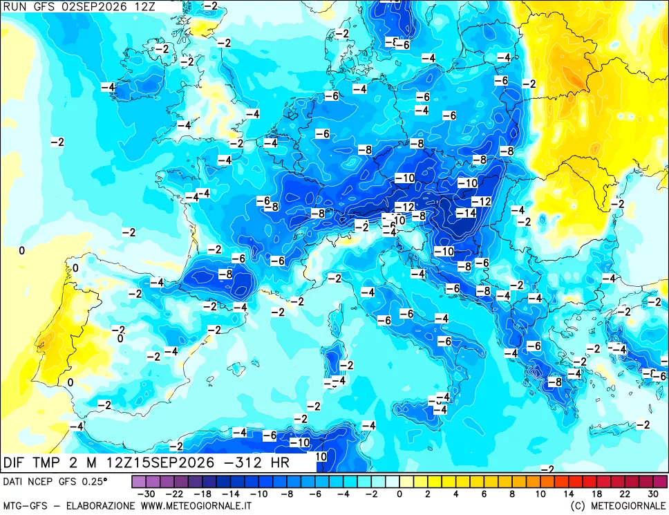 mappa Dif. Temp a 2 metri Valid - Init