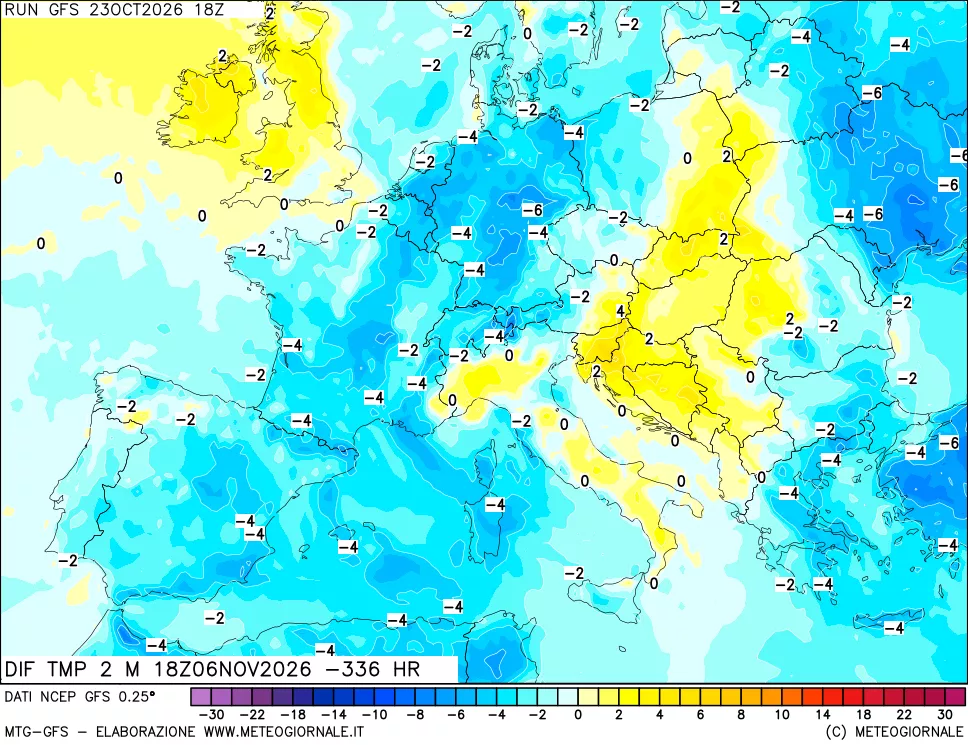 mappa Dif. Temp a 2 metri Valid - Init