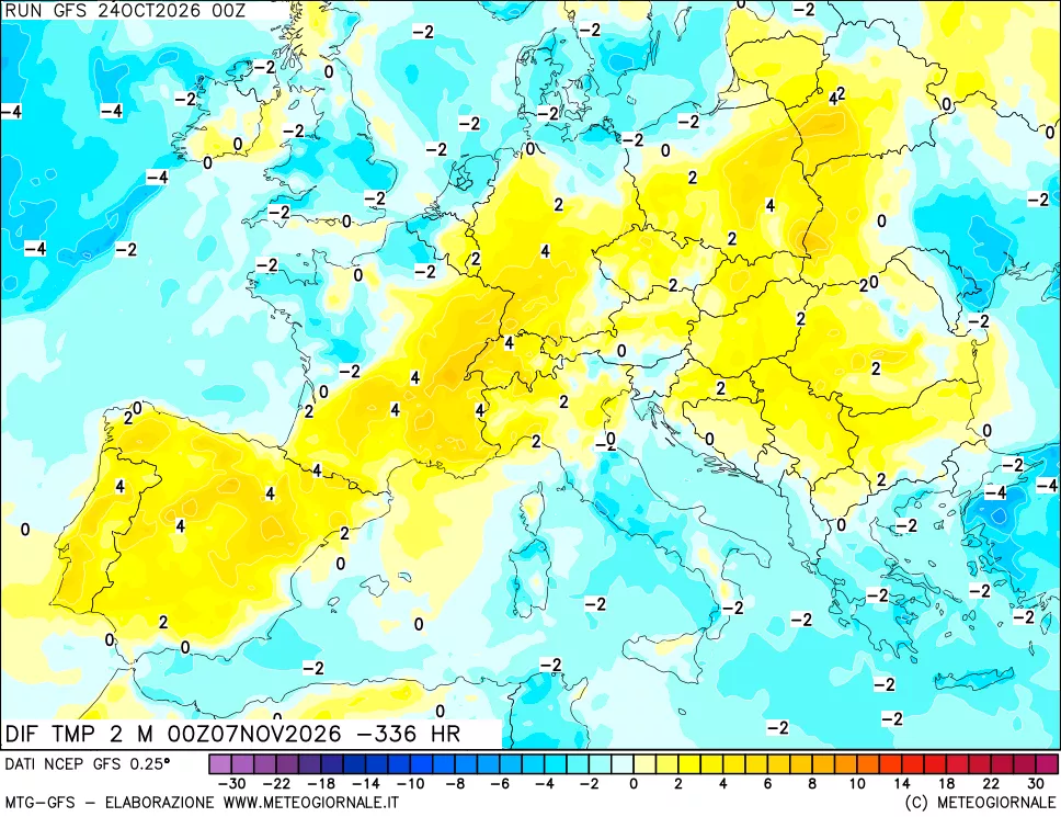mappa Dif. Temp a 2 metri Valid - Init