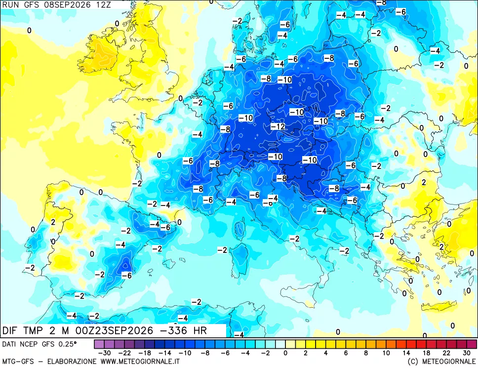 mappa Dif. Temp a 2 metri Valid - Init