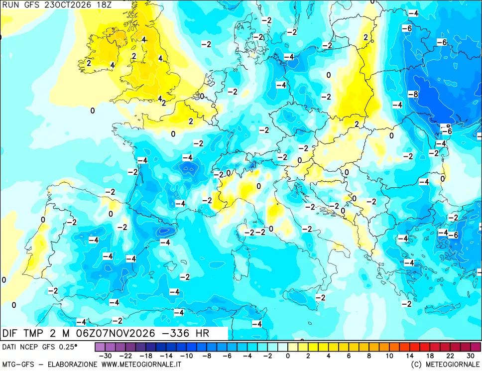mappa Dif. Temp a 2 metri Valid - Init