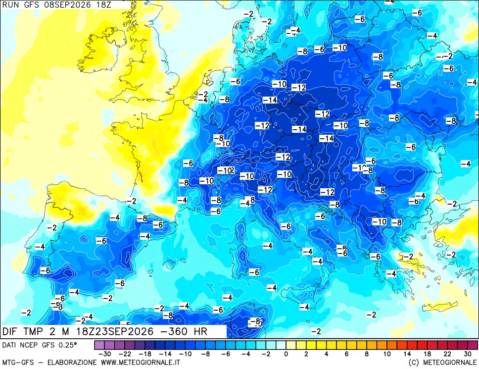 mappa Dif. Temp a 2 metri Valid - Init