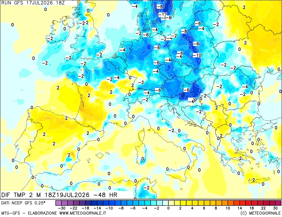 mappa Dif. Temp a 2 metri Valid - Init