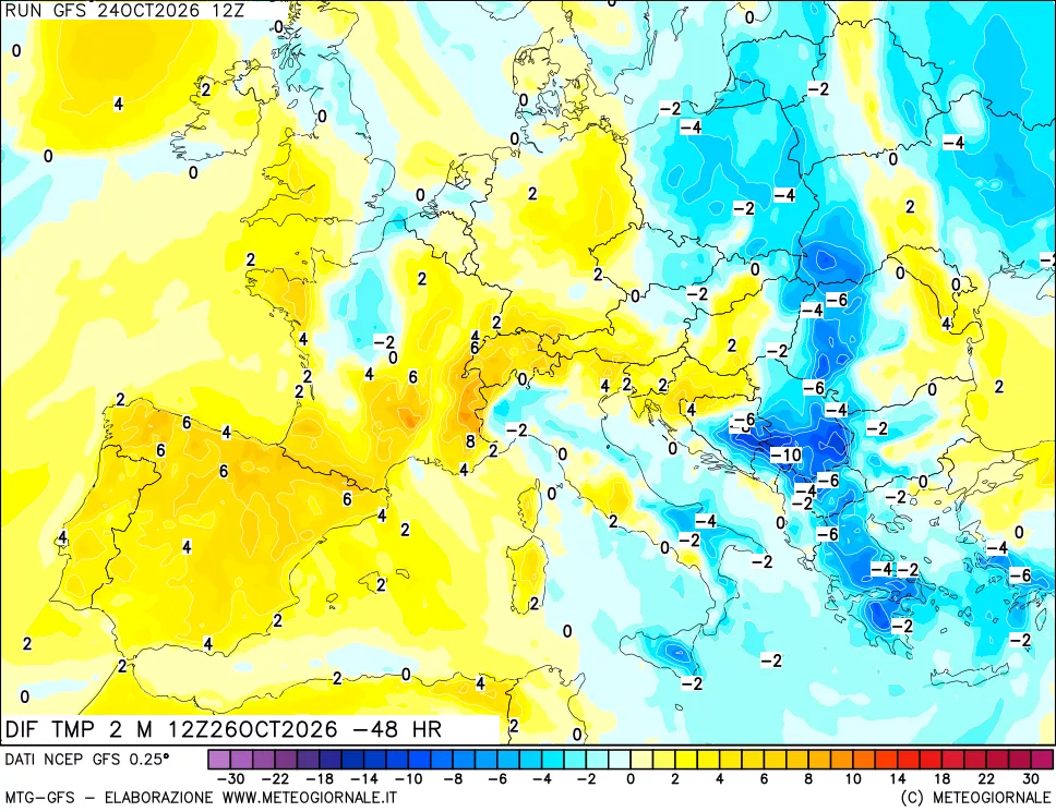 mappa Dif. Temp a 2 metri Valid - Init