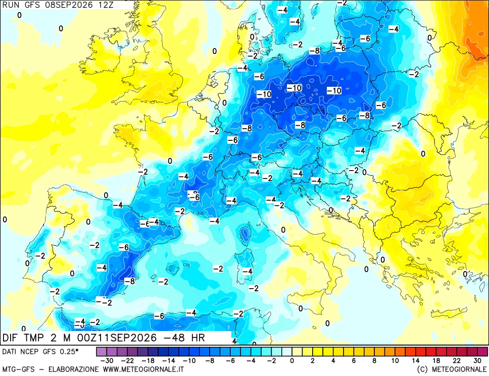 mappa Dif. Temp a 2 metri Valid - Init