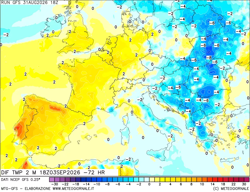 mappa Dif. Temp a 2 metri Valid - Init
