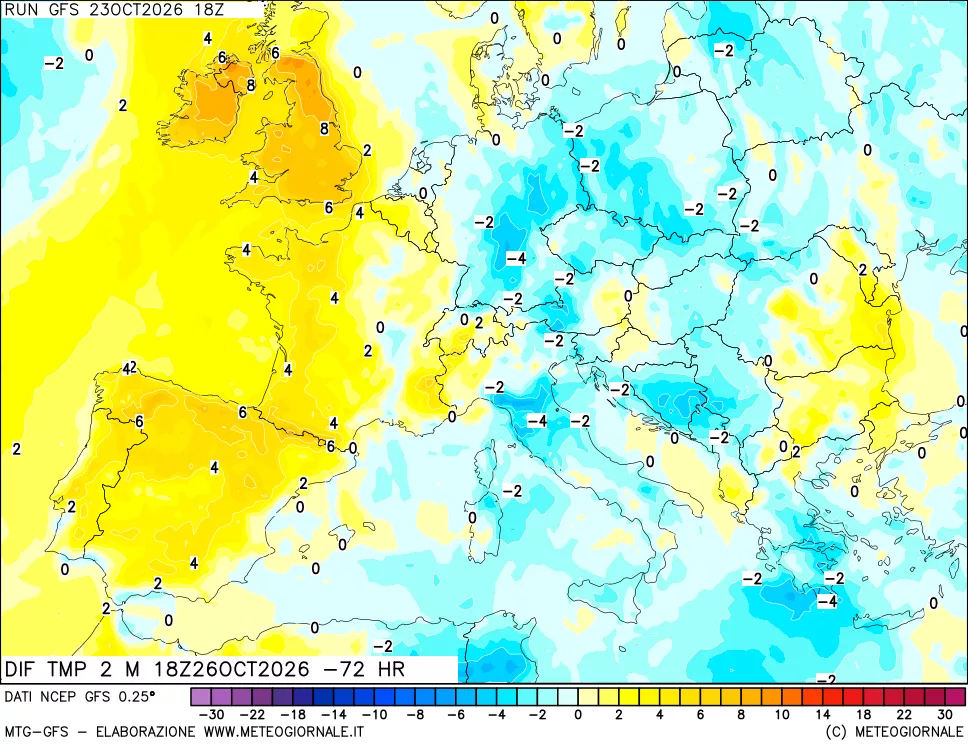 mappa Dif. Temp a 2 metri Valid - Init