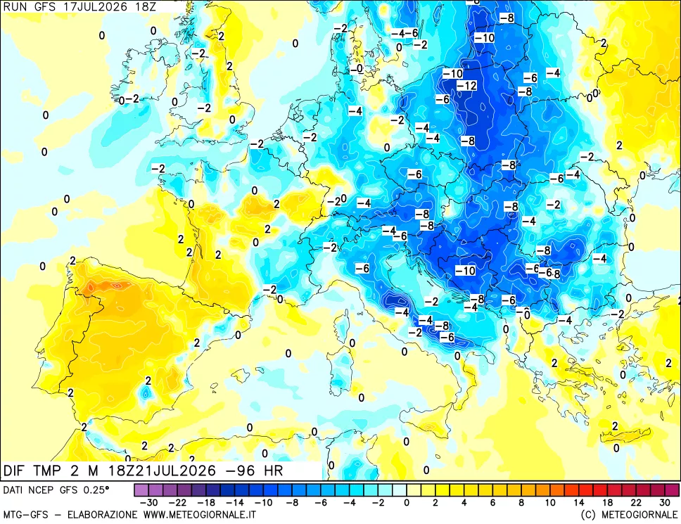 mappa Dif. Temp a 2 metri Valid - Init