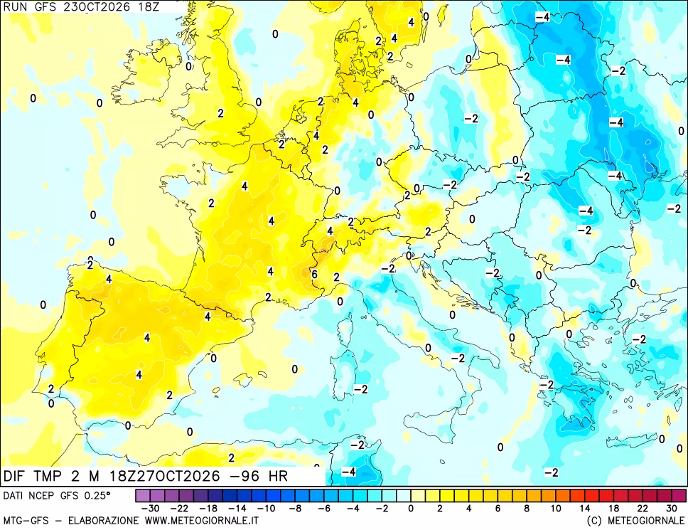 mappa Dif. Temp a 2 metri Valid - Init