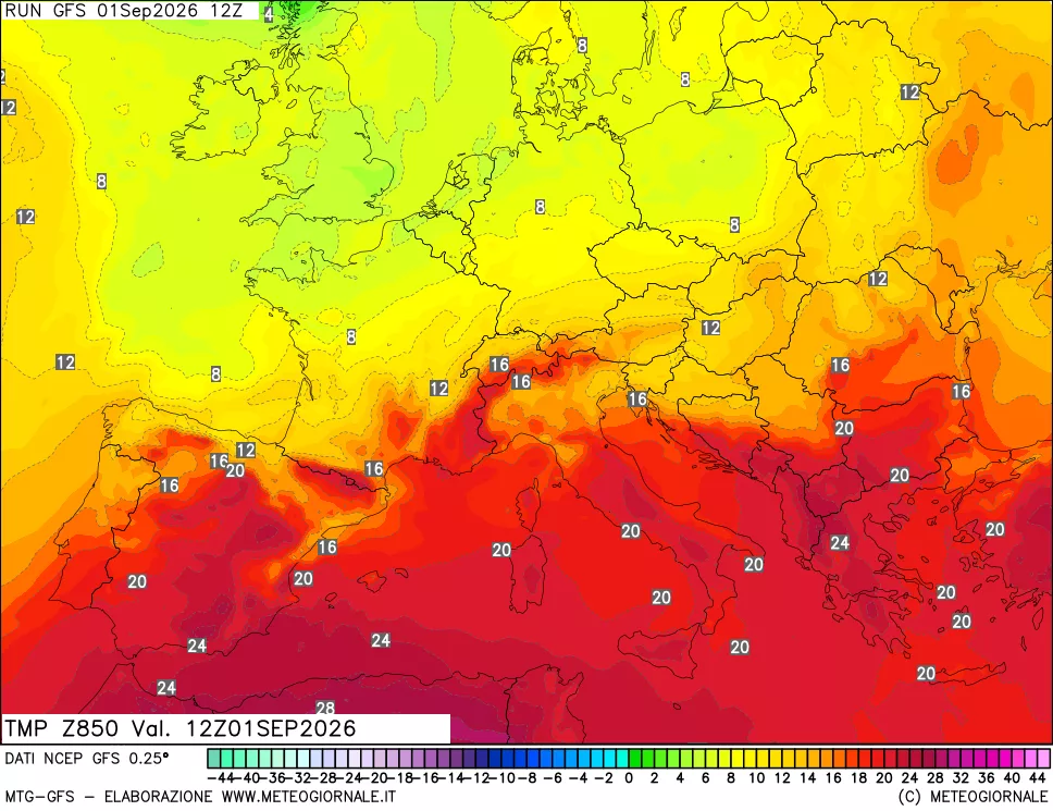 mappa 850 hPa Temp