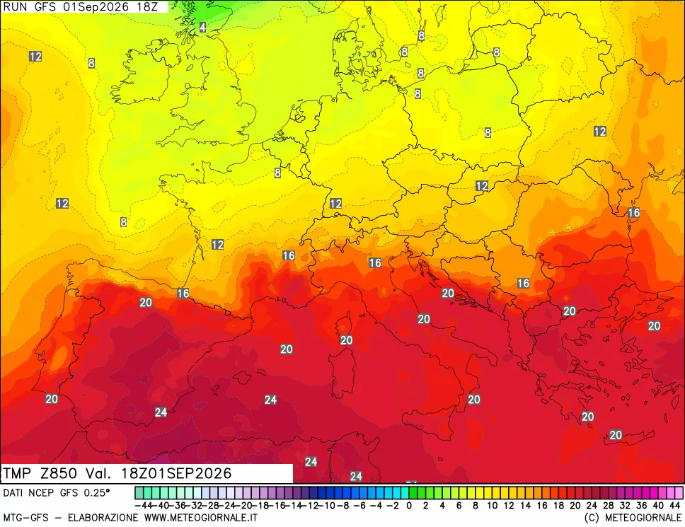 mappa 850 hPa Temp
