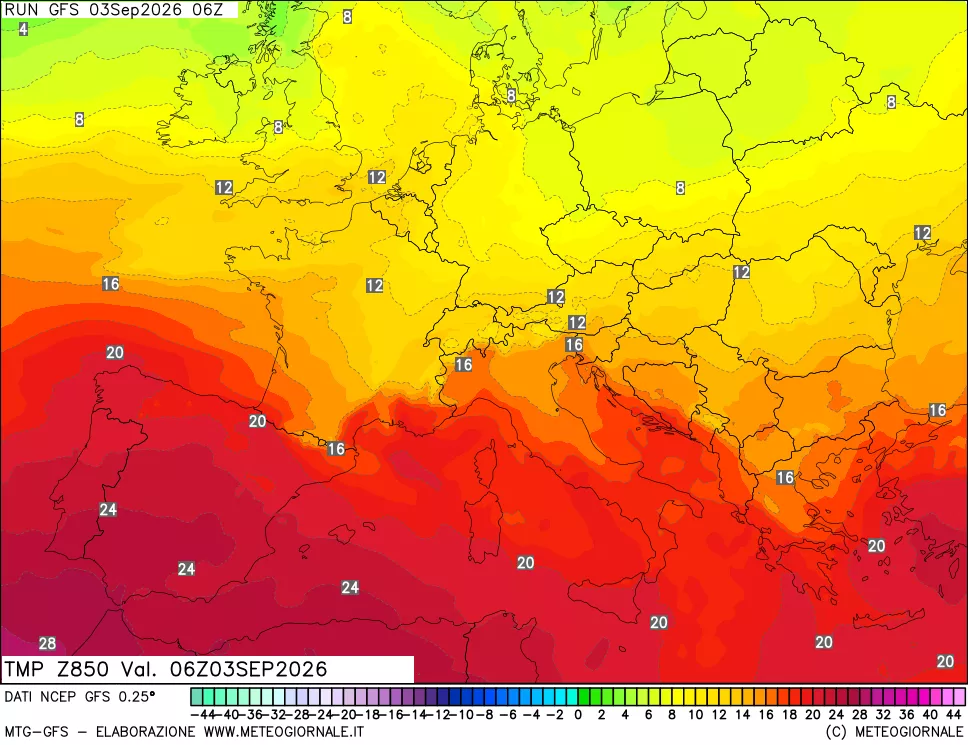 mappa 850 hPa Temp