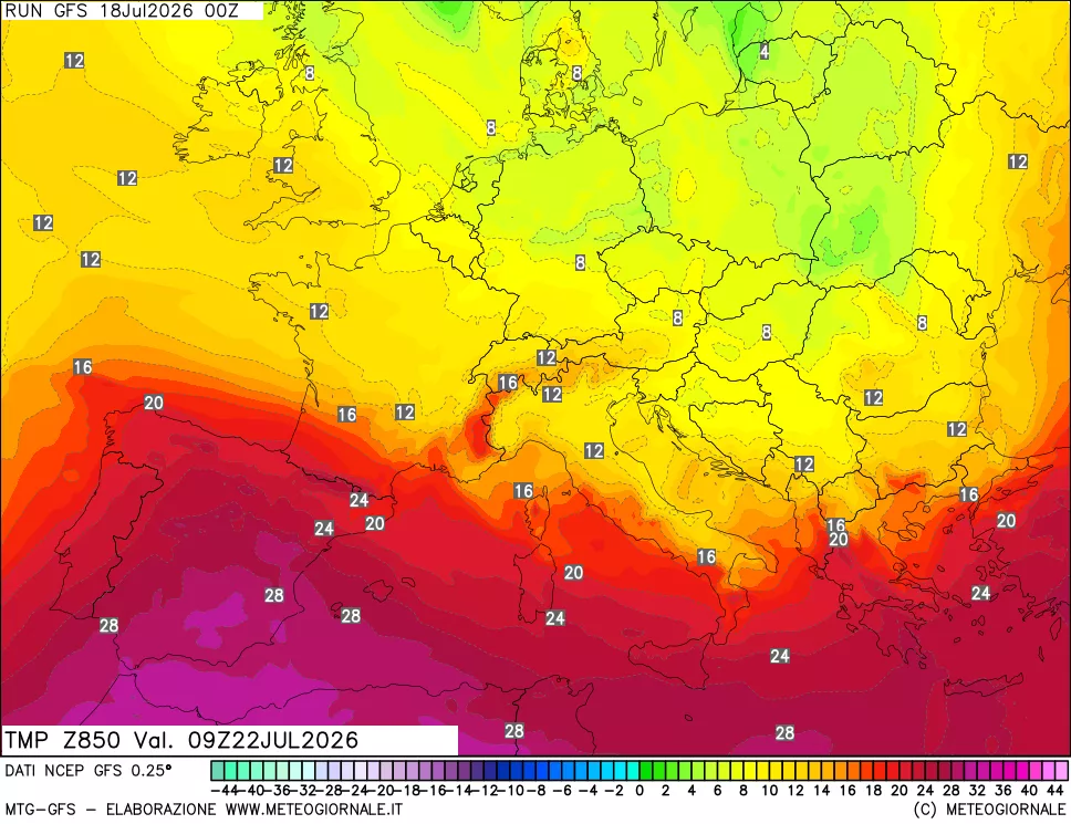 mappa 850 hPa Temp