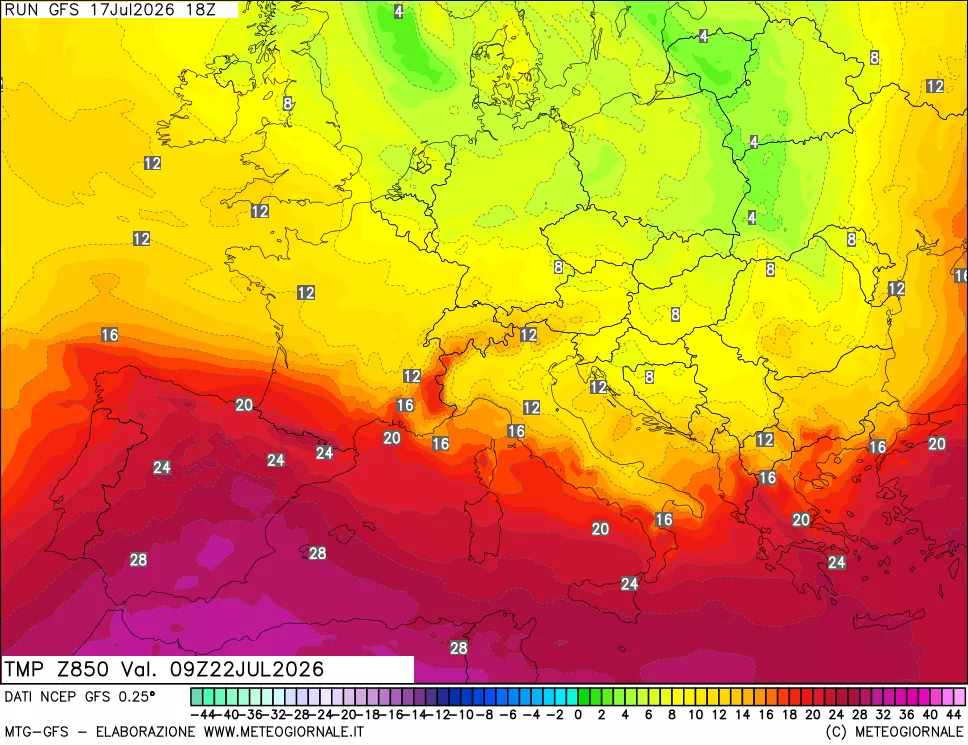 mappa 850 hPa Temp