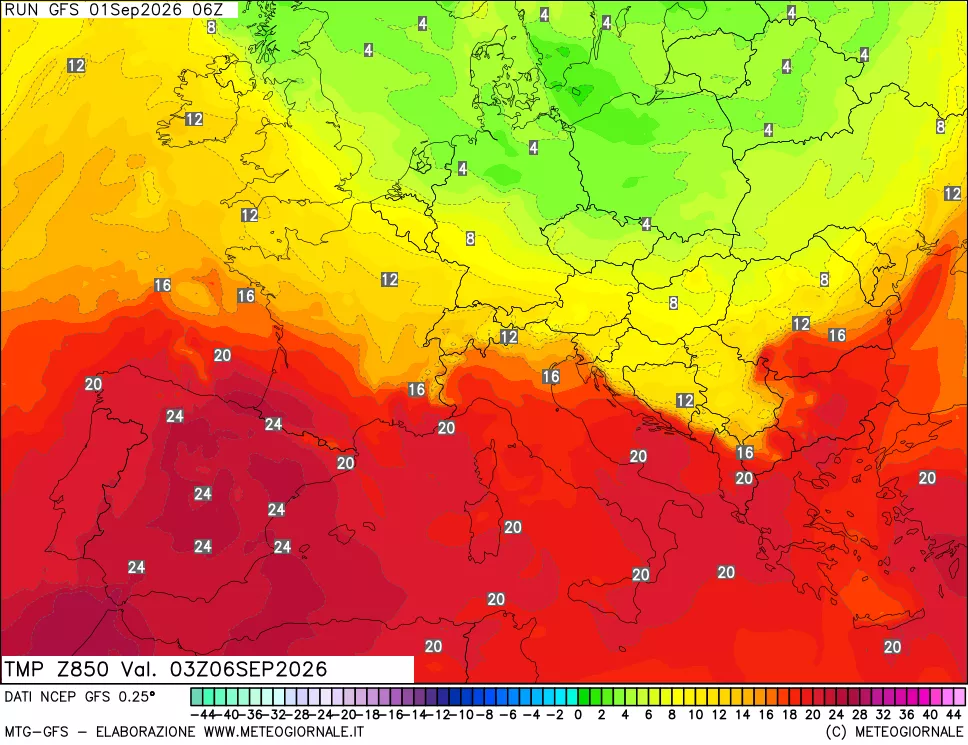 mappa 850 hPa Temp