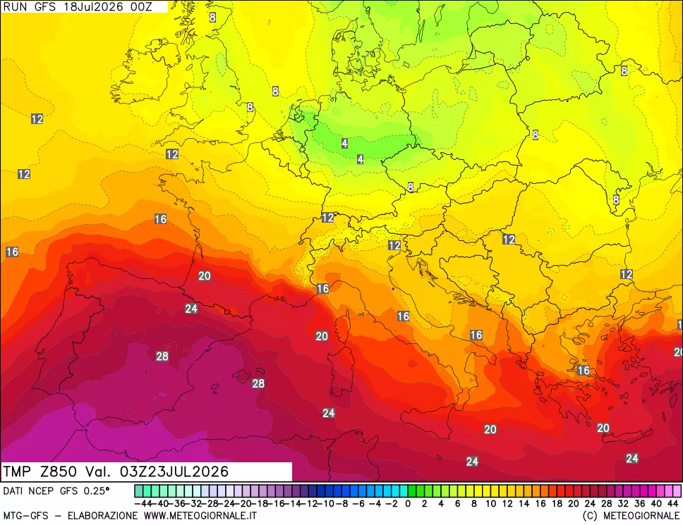 mappa 850 hPa Temp