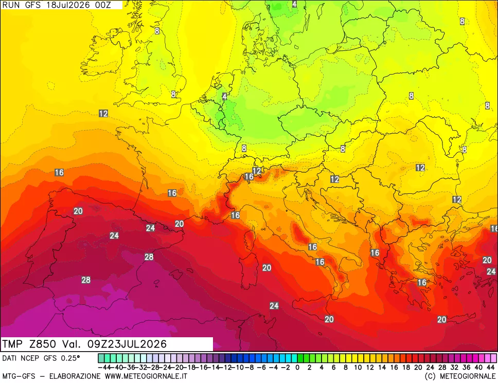 mappa 850 hPa Temp