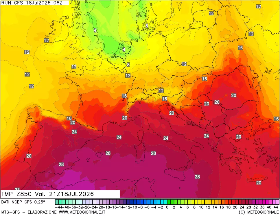 mappa 850 hPa Temp
