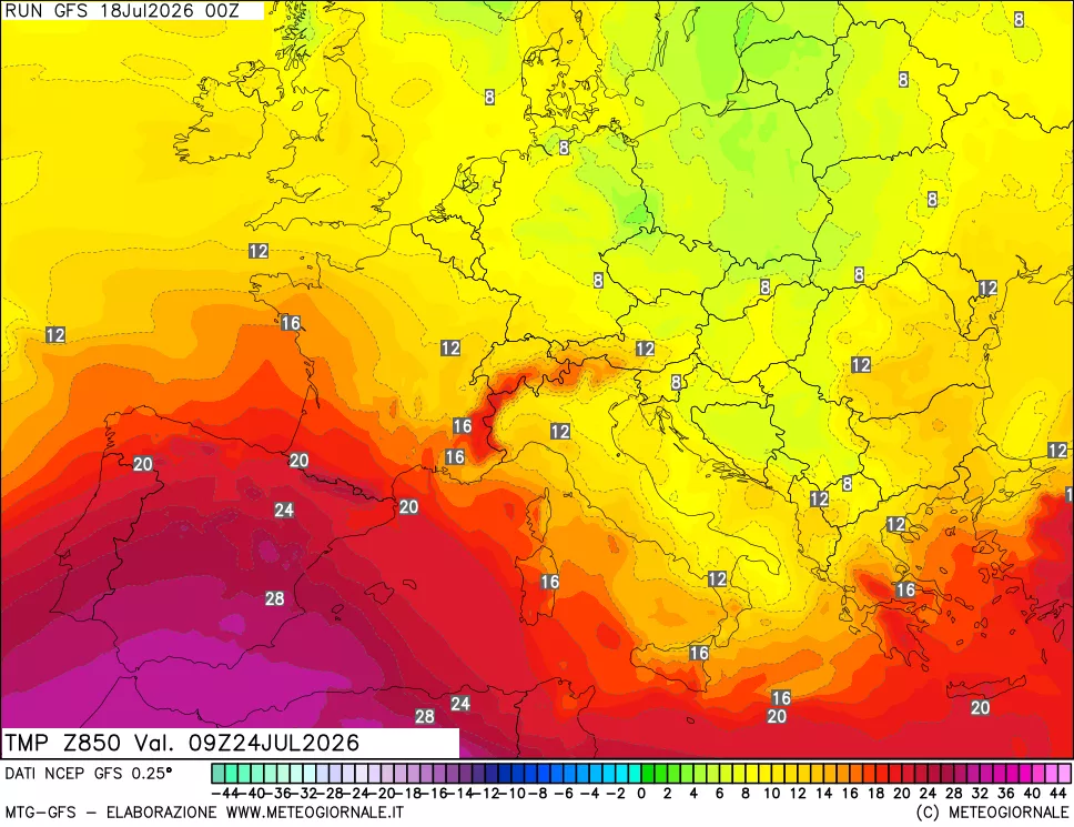 mappa 850 hPa Temp