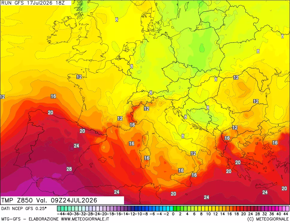 mappa 850 hPa Temp