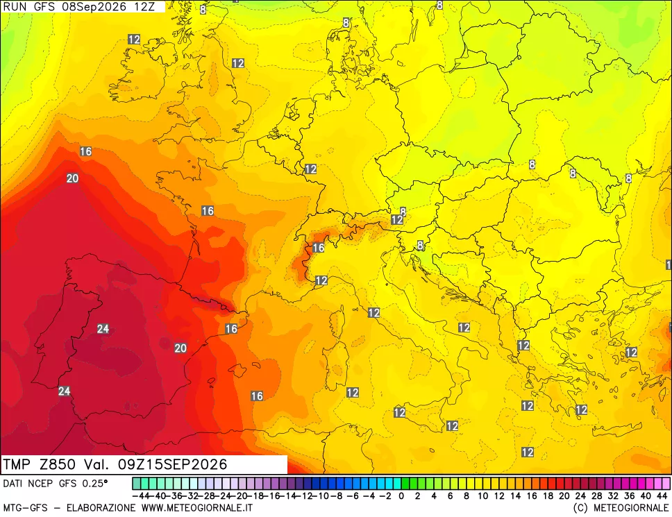 mappa 850 hPa Temp