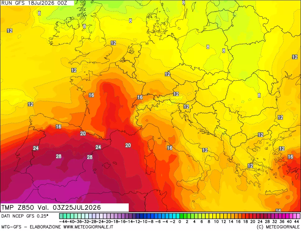 mappa 850 hPa Temp