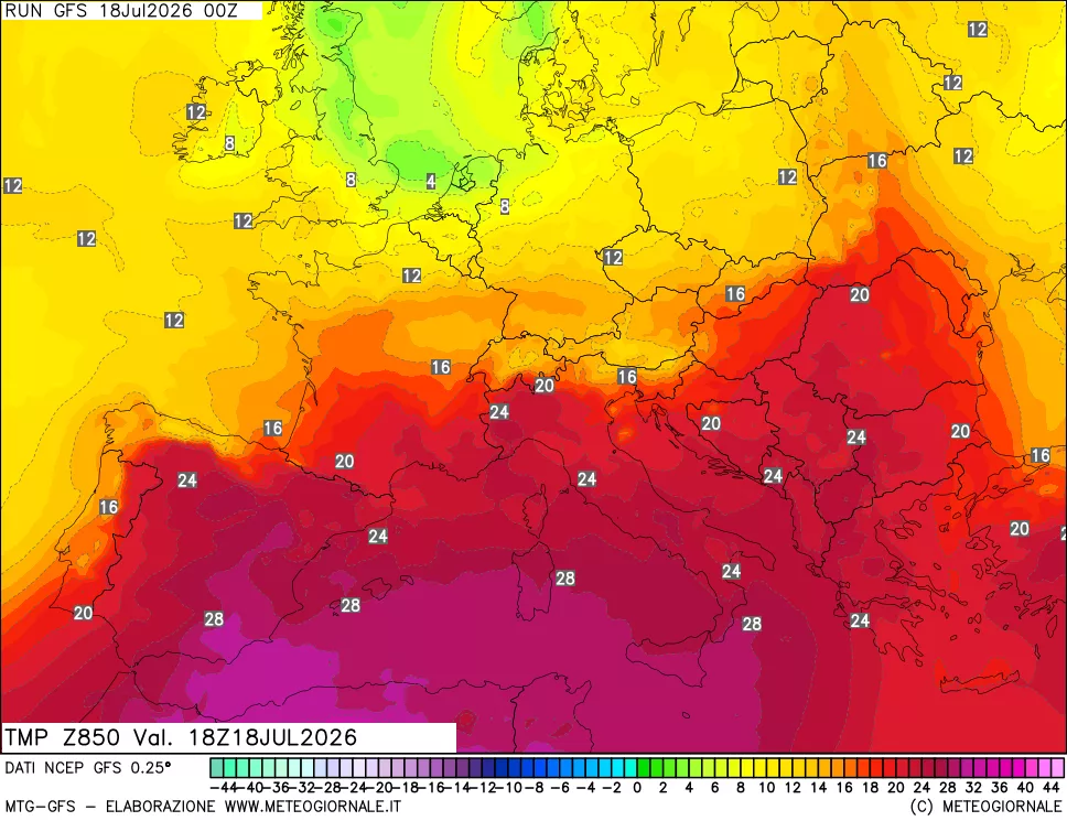 mappa 850 hPa Temp
