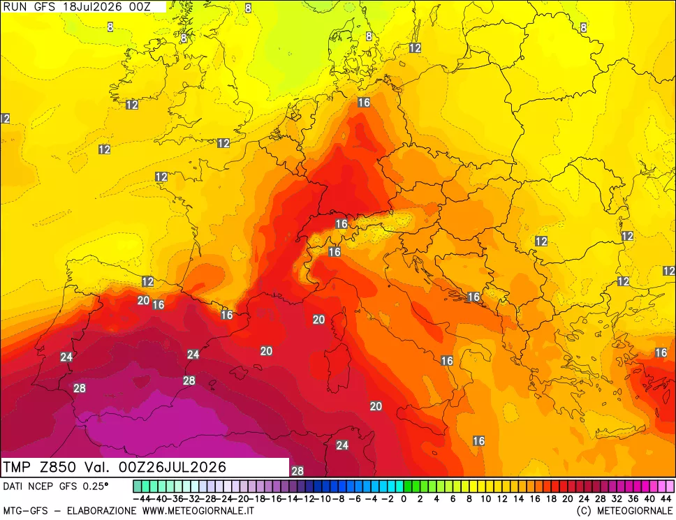 mappa 850 hPa Temp