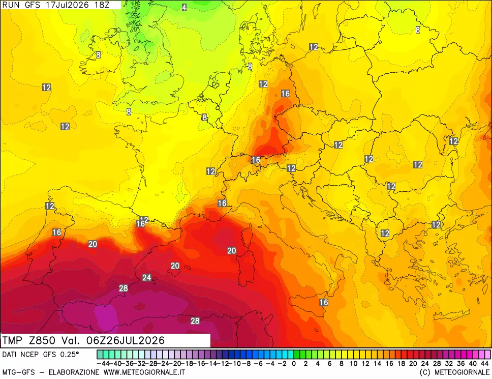 mappa 850 hPa Temp