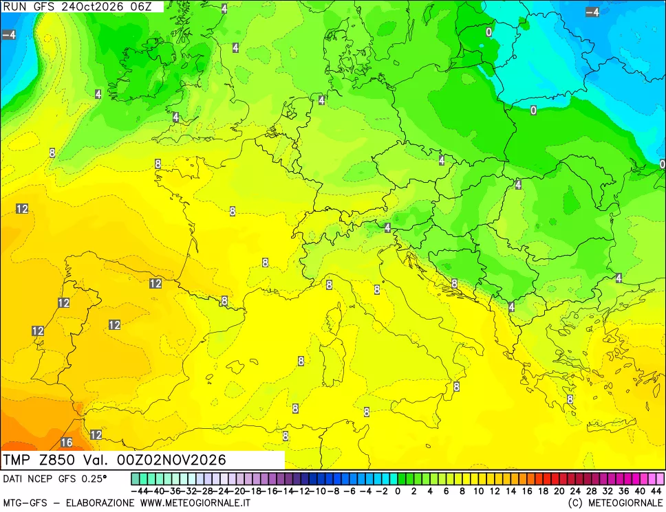 mappa 850 hPa Temp