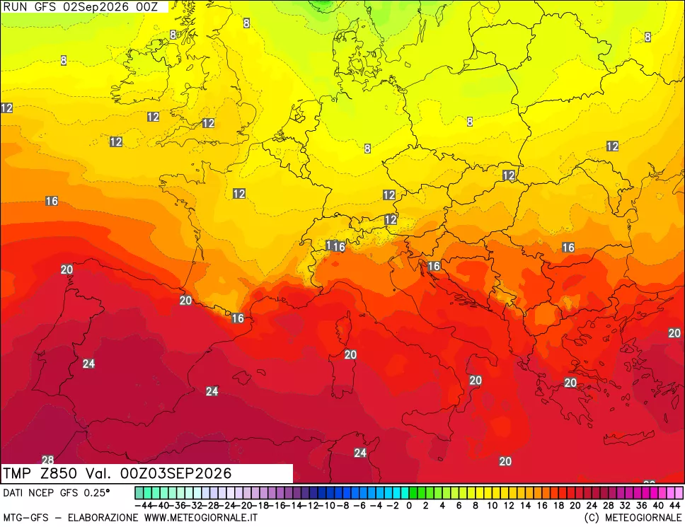 mappa 850 hPa Temp