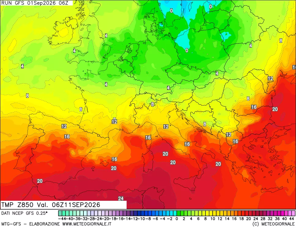 mappa 850 hPa Temp