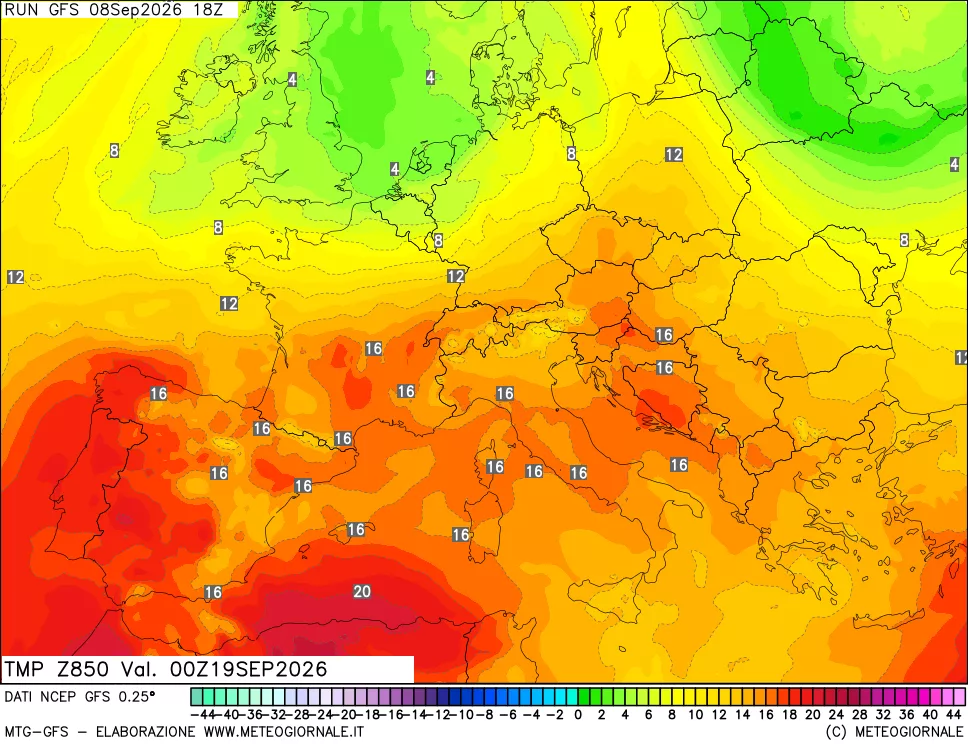 mappa 850 hPa Temp