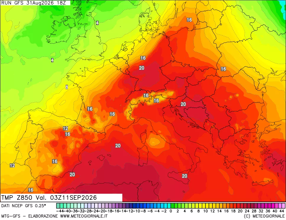 mappa 850 hPa Temp
