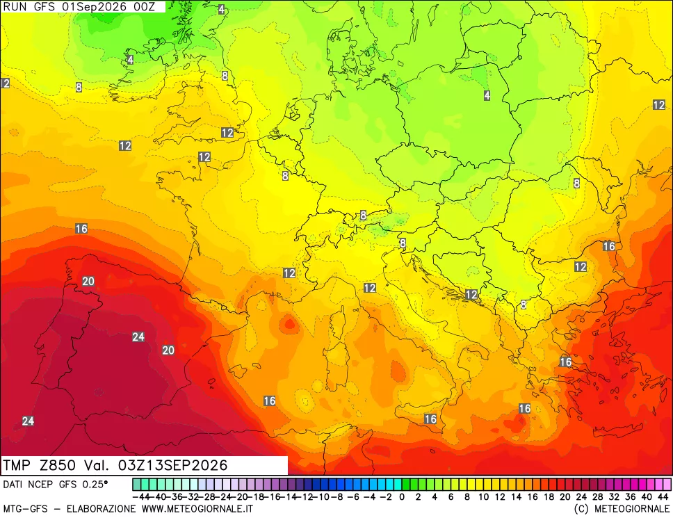 mappa 850 hPa Temp