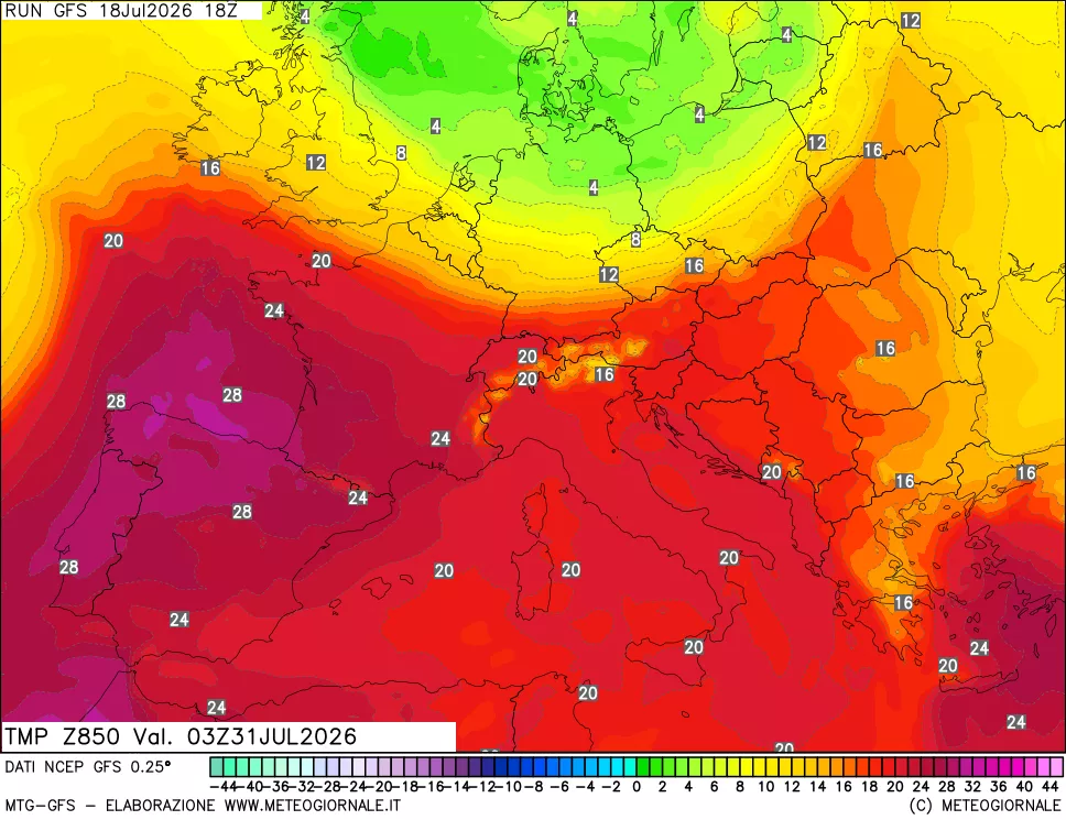 mappa 850 hPa Temp