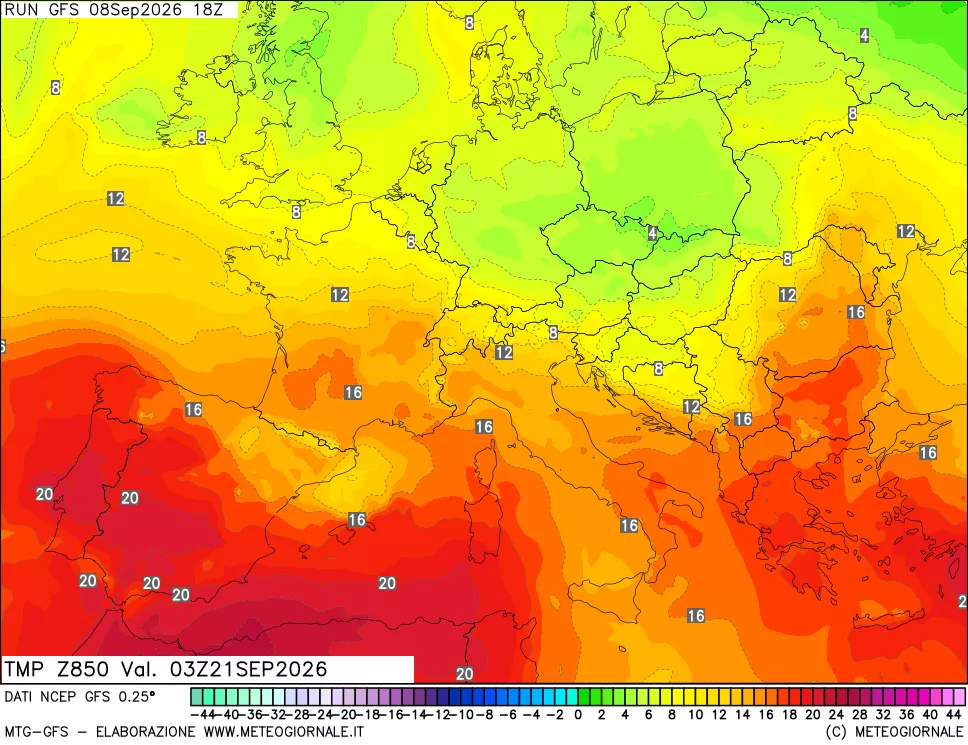 mappa 850 hPa Temp
