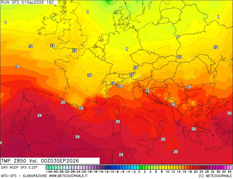 mappa 850 hPa Temp