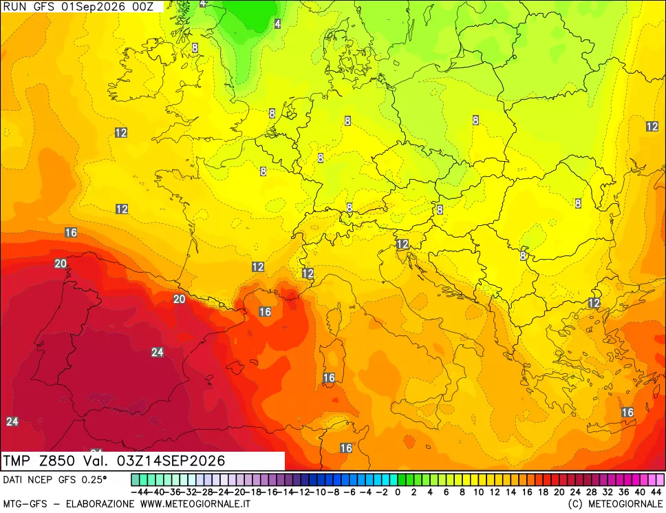 mappa 850 hPa Temp