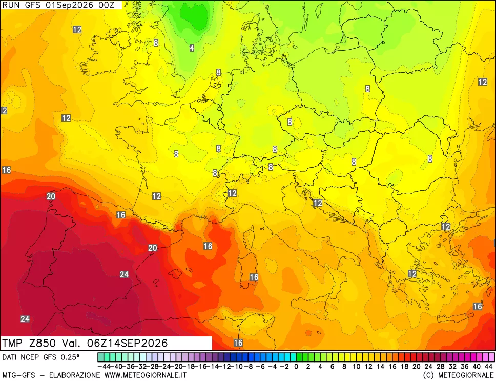 mappa 850 hPa Temp