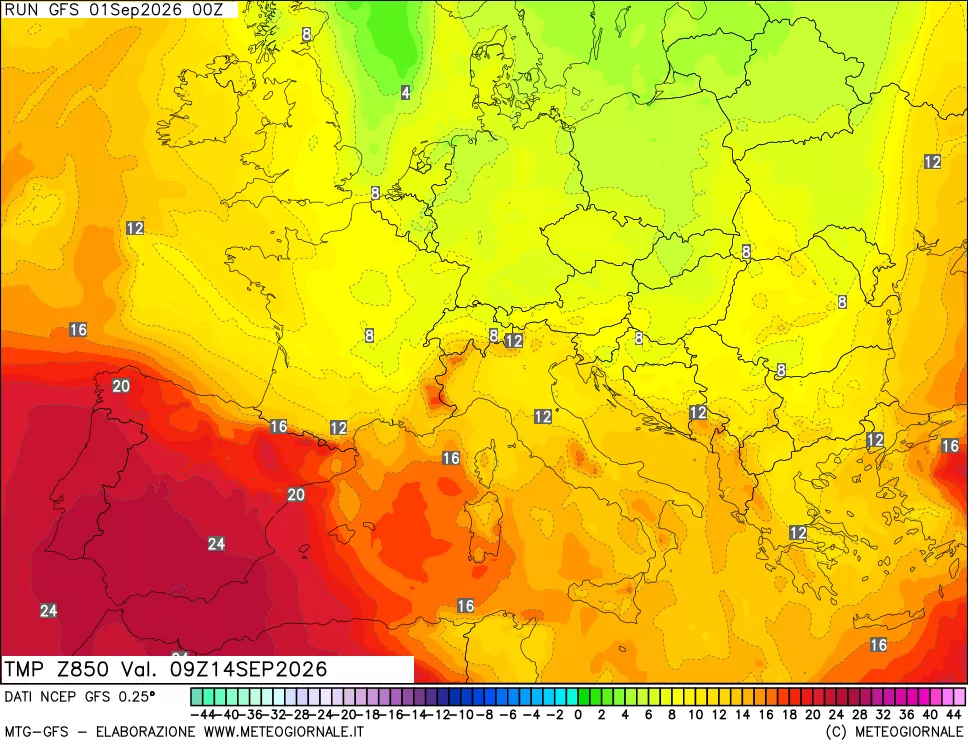 mappa 850 hPa Temp