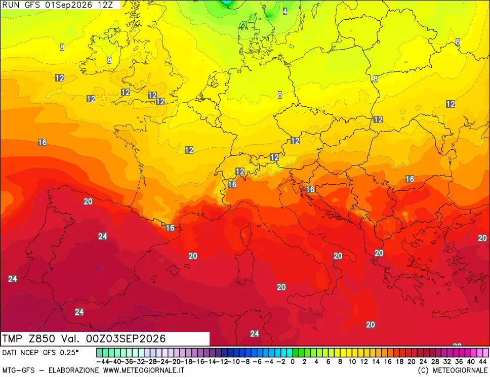 mappa 850 hPa Temp