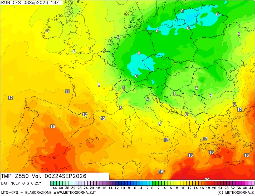 mappa 850 hPa Temp