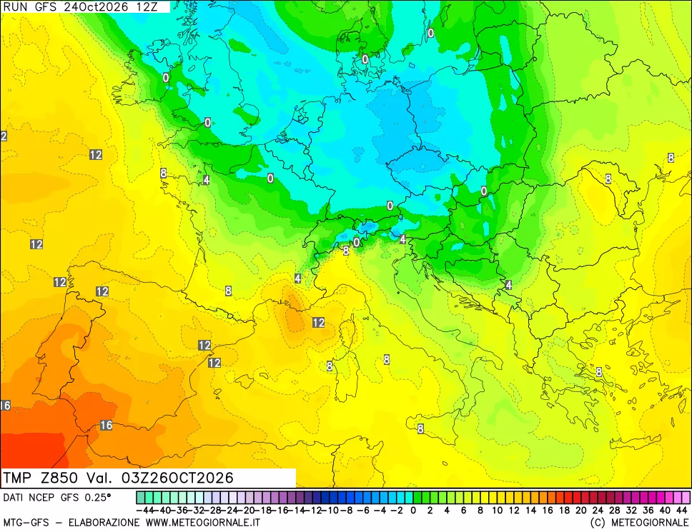 mappa 850 hPa Temp