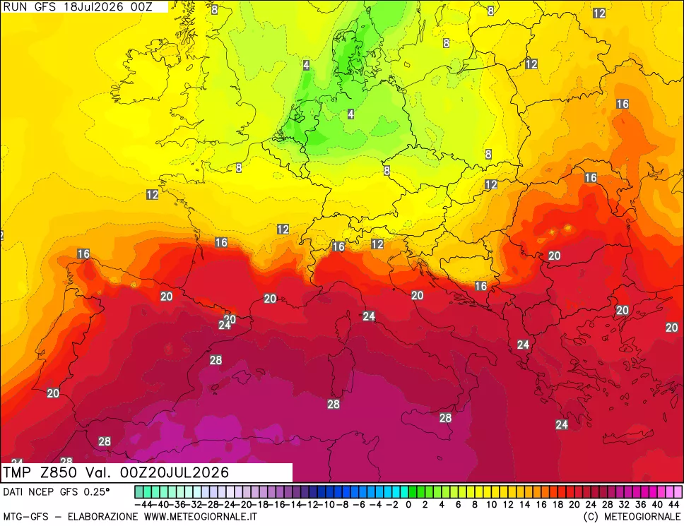 mappa 850 hPa Temp