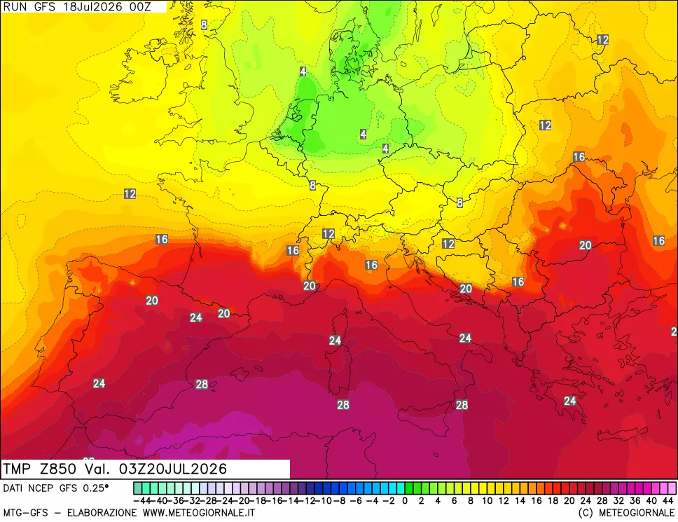 mappa 850 hPa Temp