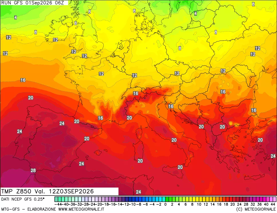 mappa 850 hPa Temp