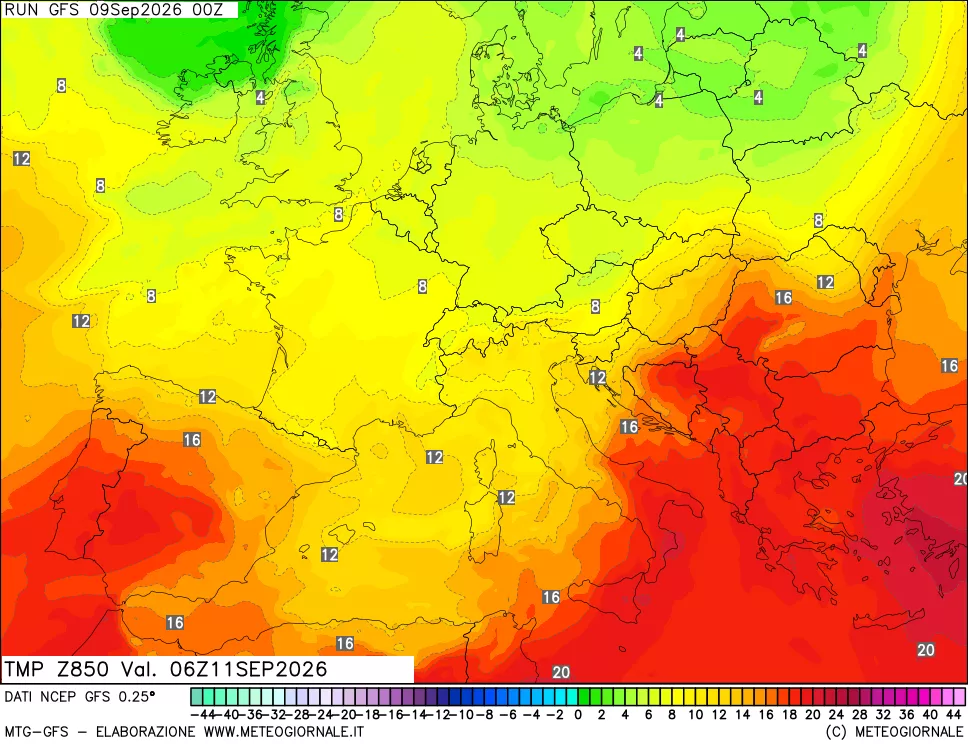 mappa 850 hPa Temp